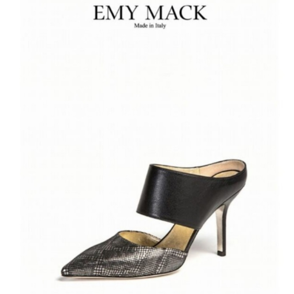 Emy Mack Elsa Black & Silver Printed Calf Pointed‎ Toe Heels Leather Size 7B